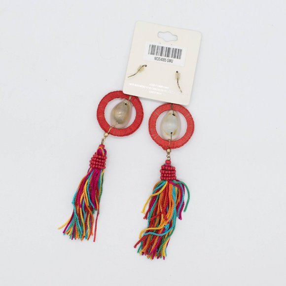 Mia Collection Gold Tone Red Tassel Dangle Fringe Hook Multi-Colored Earrings - Picture 2 of 3
